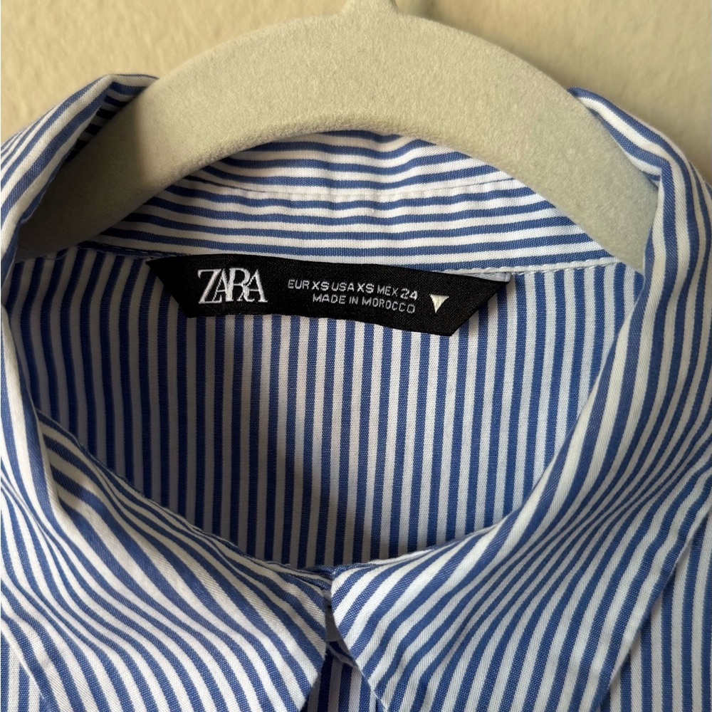 Zara Long Sleeve Stripe Blue White Shirt Ruffles Size XS - Picture 10 of 10
